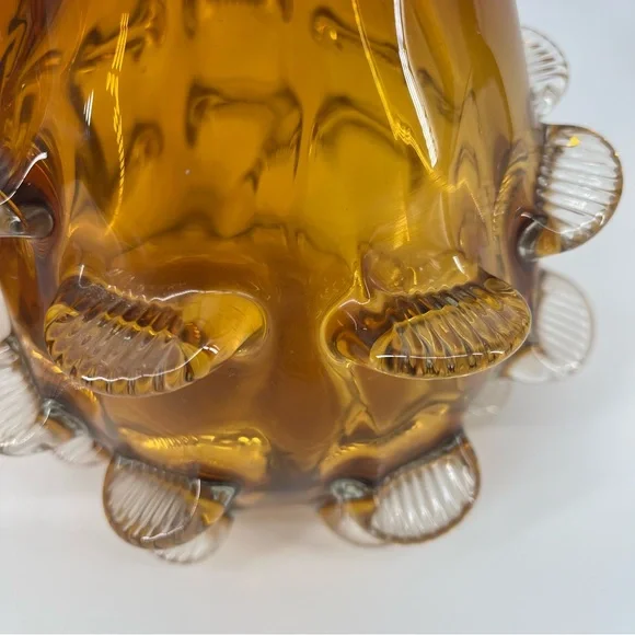 Vintage MCM Set‎ of 2 Amber Glass Vases with Textured Design 7” Tall Heavy